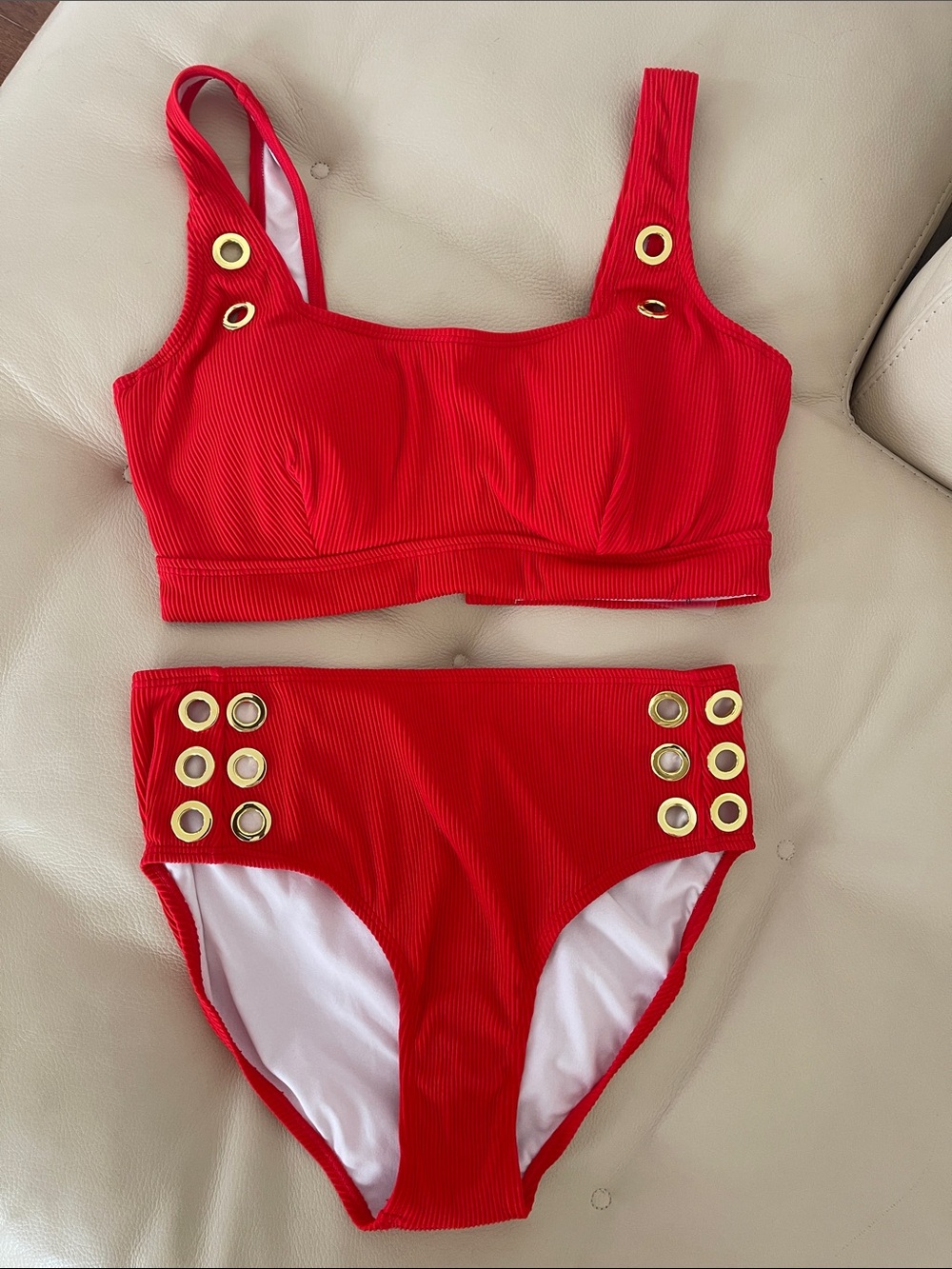 Swimsuits For All Red Ribbed High-Waist Bikini with Gold Eyelets